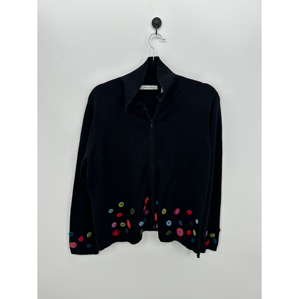 Marisa Christina Womens XL Black Zip Up Cardigan Colorful Polka Dot Embellished
